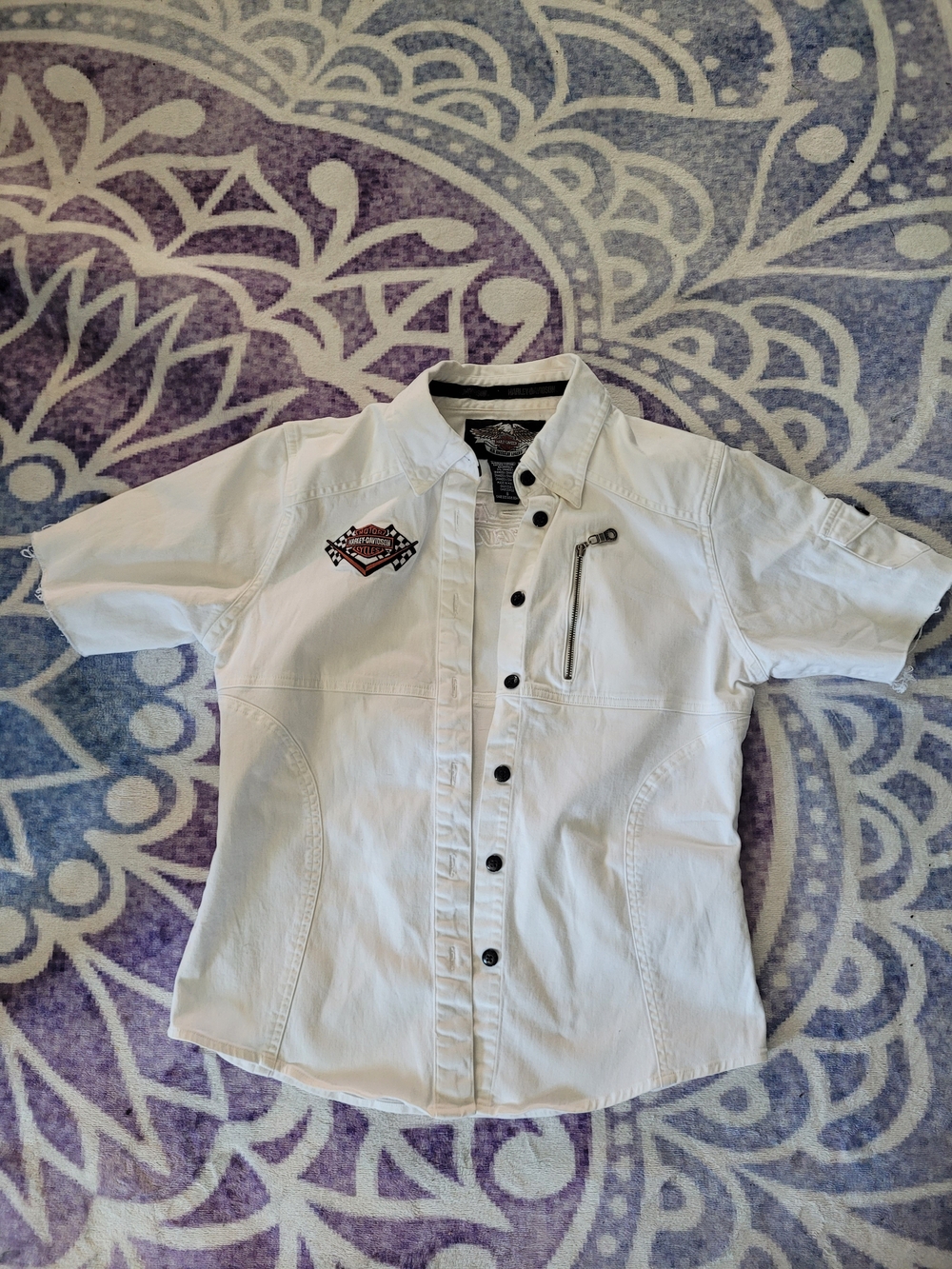Harley-Davidson White Short-Sleeve Casual Button-Down Shirt with Chest Patch